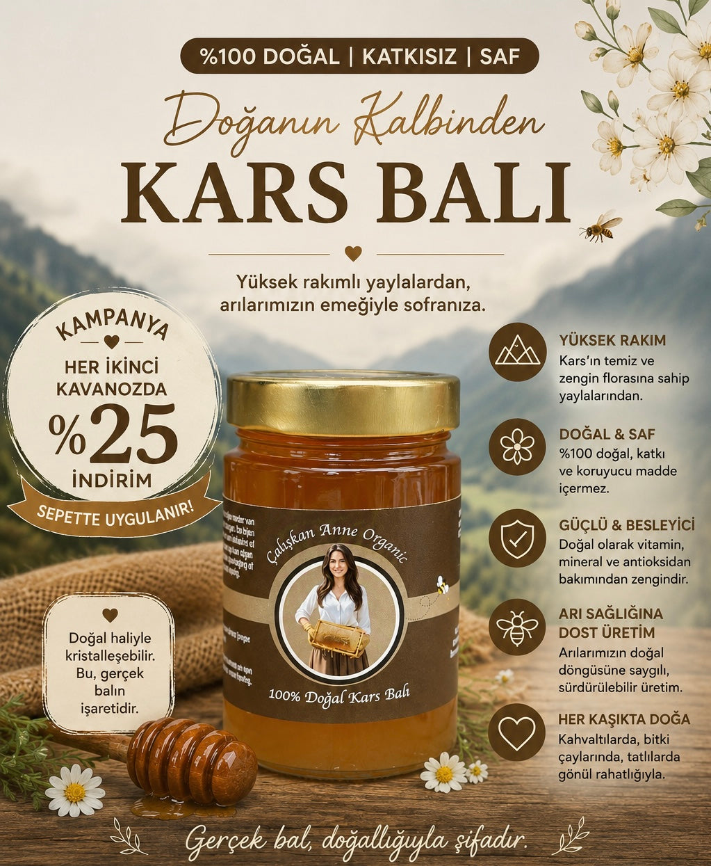 Kars Yayla Çiçek Balı 400 gr (2.ci kavanoz 25% indirimli)